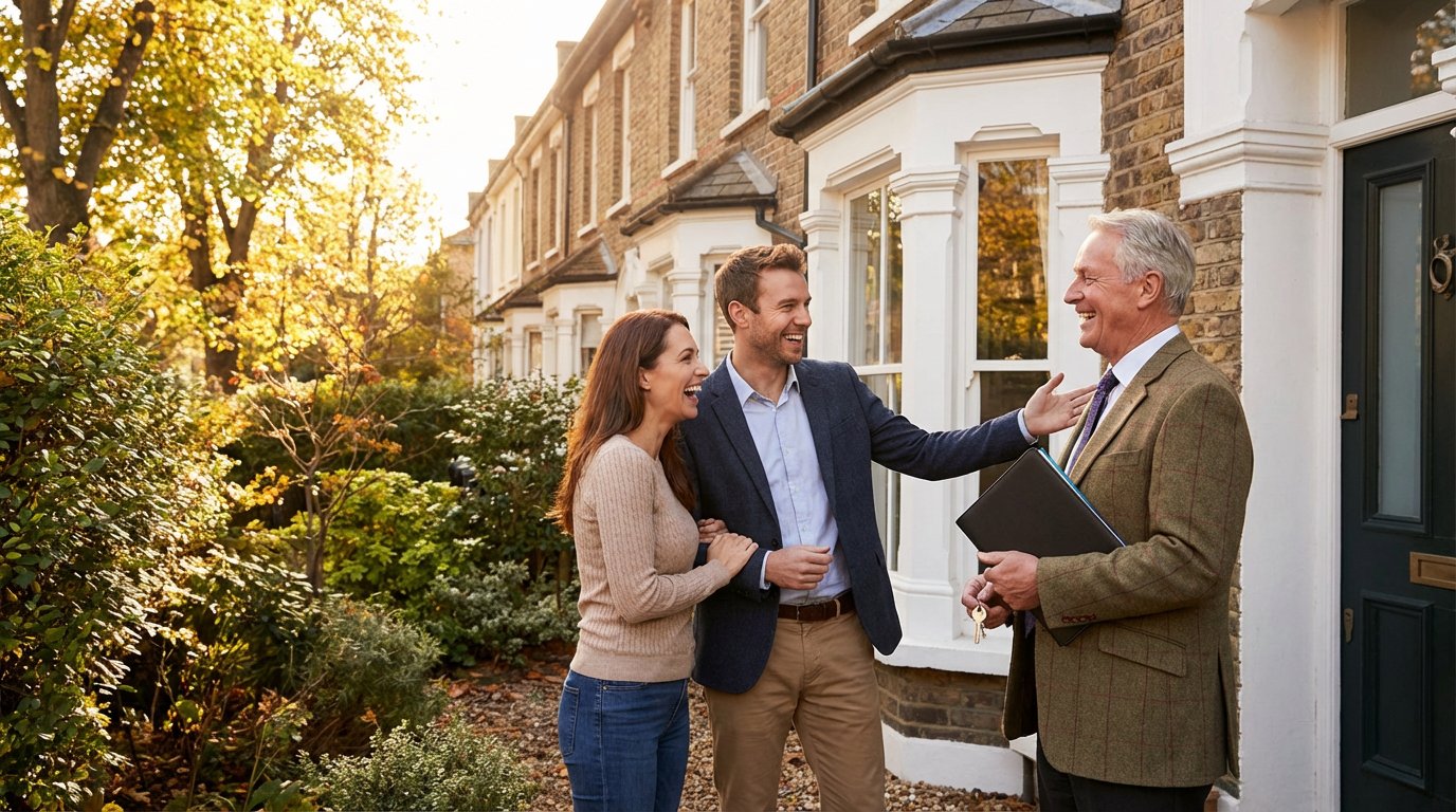Couple with estate agent at a London Victorian terrace