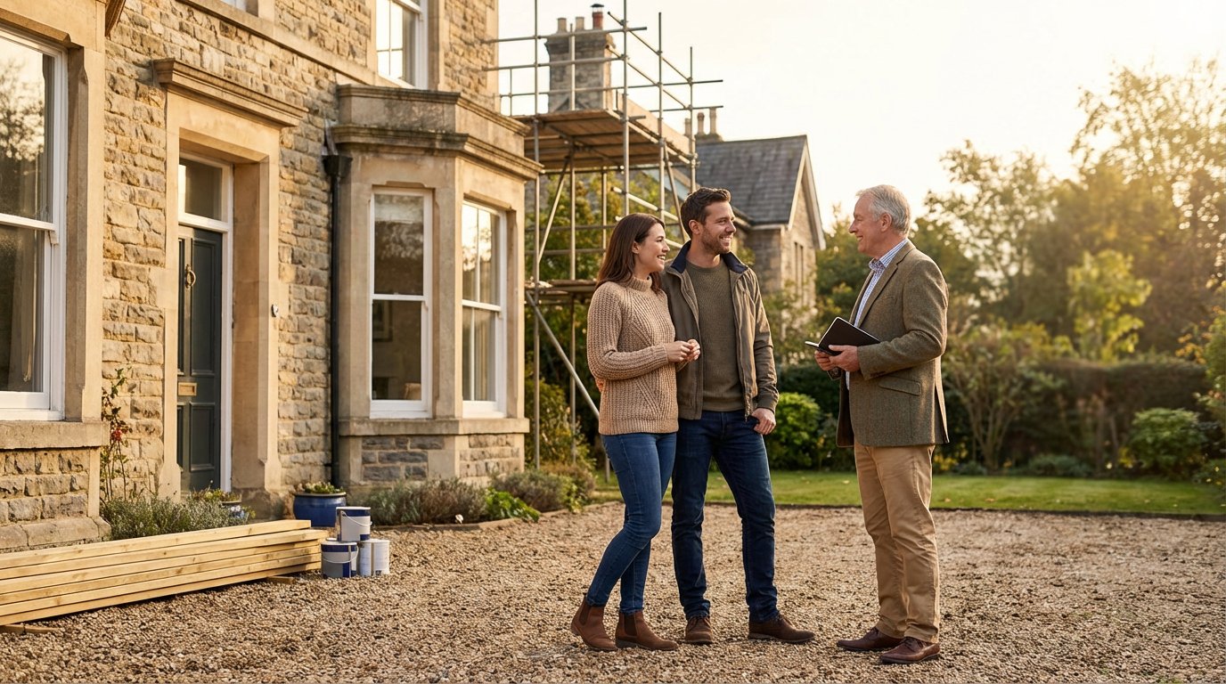 Couple with adviser at a UK stone property under renovation