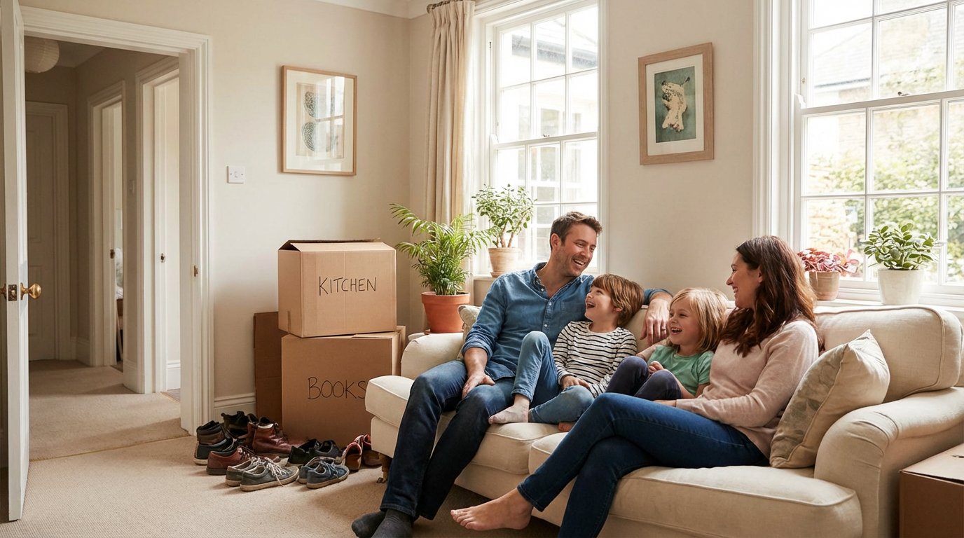 Family relaxing together in their new home
