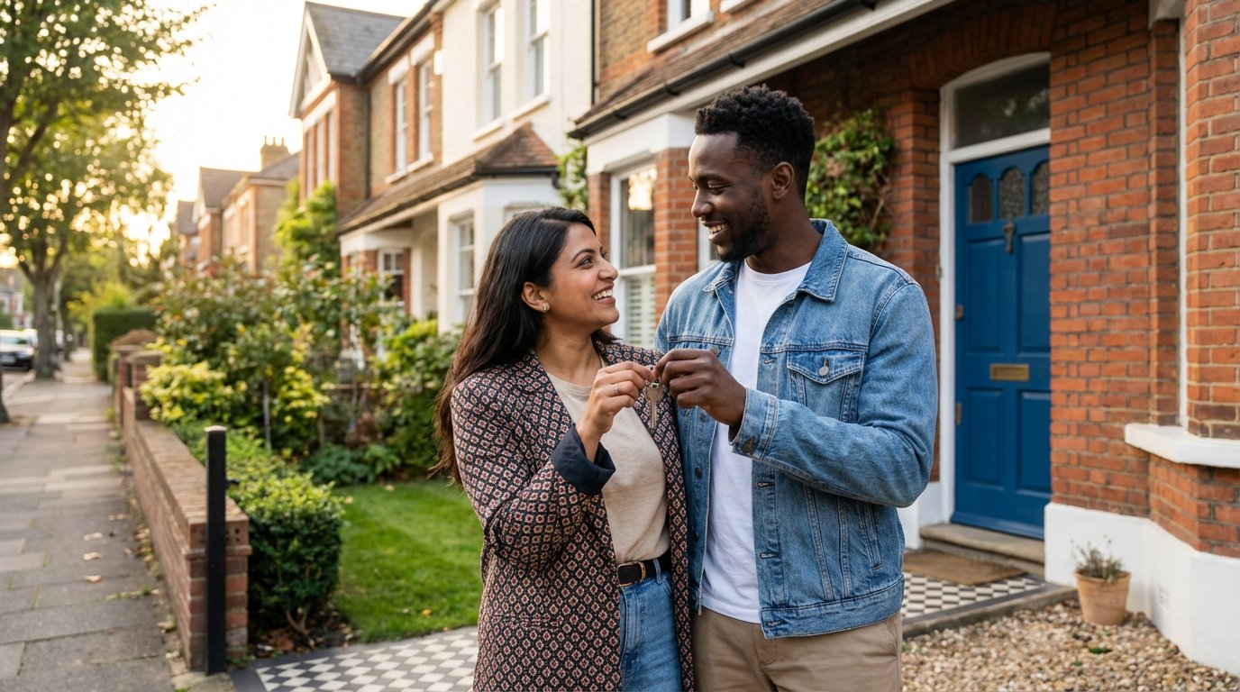 First-time buyers with keys on a London street