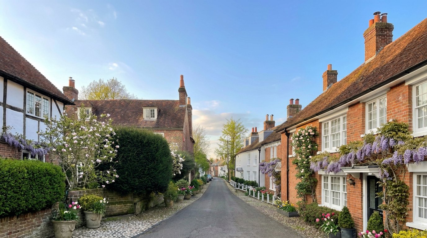 Charming English village street with wisteria